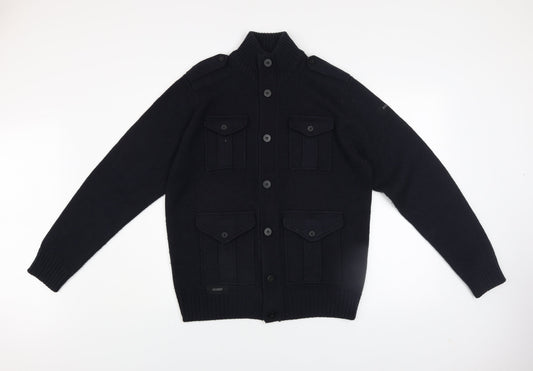 Dissident Men’s Black L Cardigan Jumper High Neck Chunky Knit Wool Blend