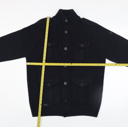 Dissident Men’s Black L Cardigan Jumper High Neck Chunky Knit Wool Blend