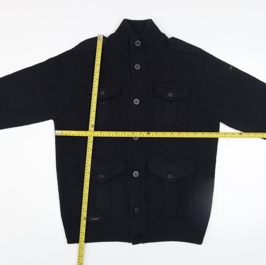 Dissident Men’s Black L Cardigan Jumper High Neck Chunky Knit Wool Blend