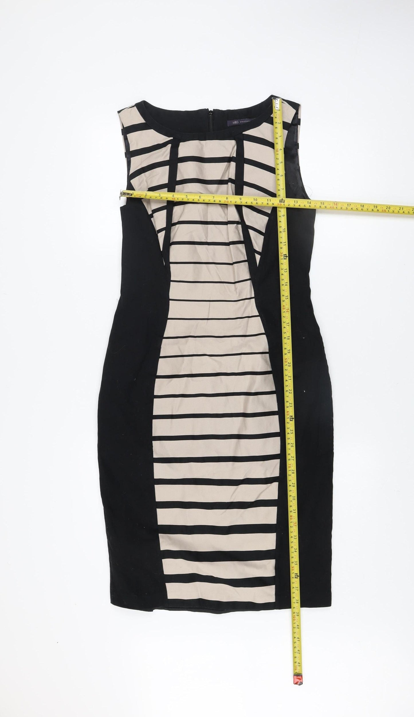 Marks and Spencer Women’s Black Beige Striped Bodycon Dress UK 10