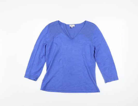 CC Women Blue V-Neck Knit Jumper Medium 3/4 Sleeve Stretch Pullover