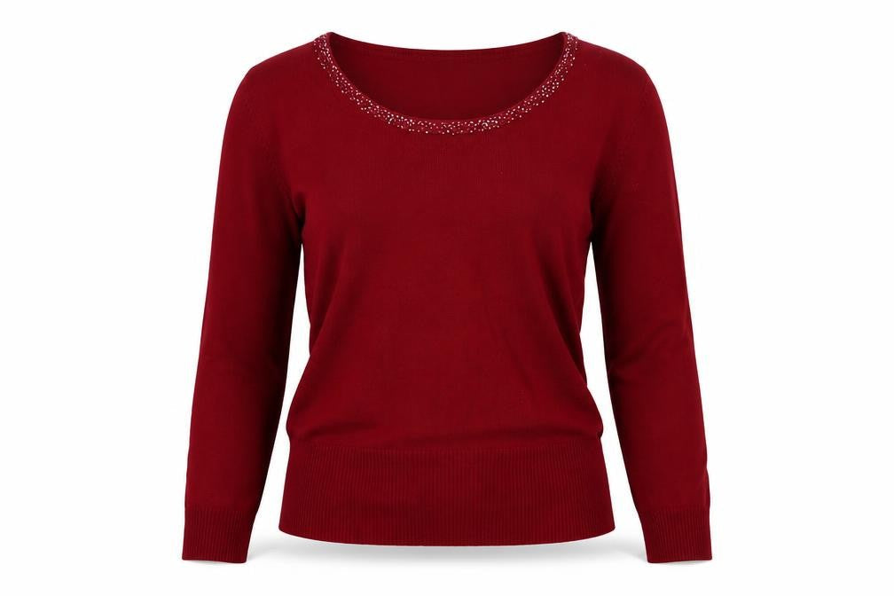 John Lewis Women Red Beaded Long Sleeve Pullover Sweater Size M