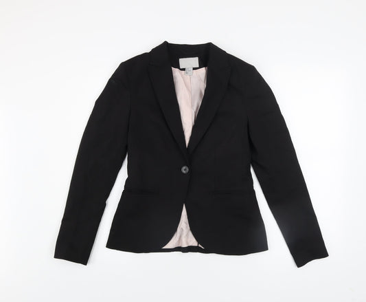 H&M Women Black Single-Breasted Blazer Jacket UK 8 Cotton Blend