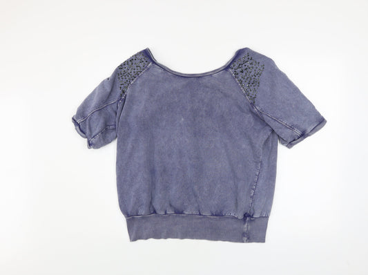 Denim Co Women's Blue Beaded Short Sleeve Cotton Relaxed T-Shirt Size 14