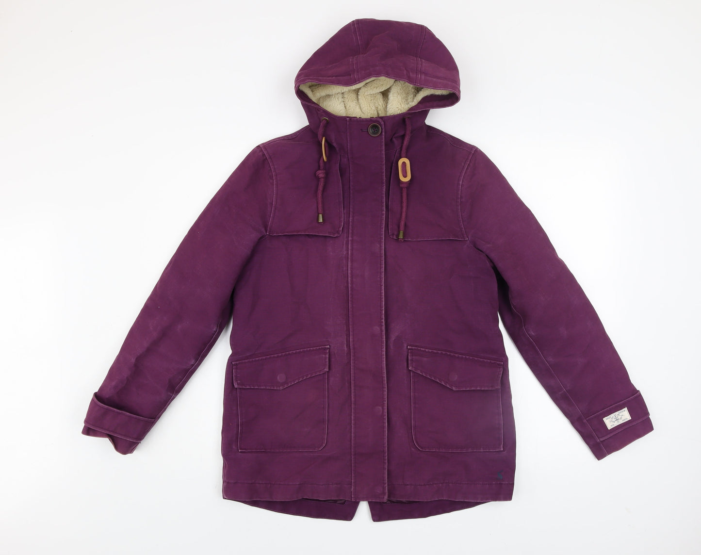 Joules Women's Purple Hooded Parka Coat Size 8 Waterproof Cotton