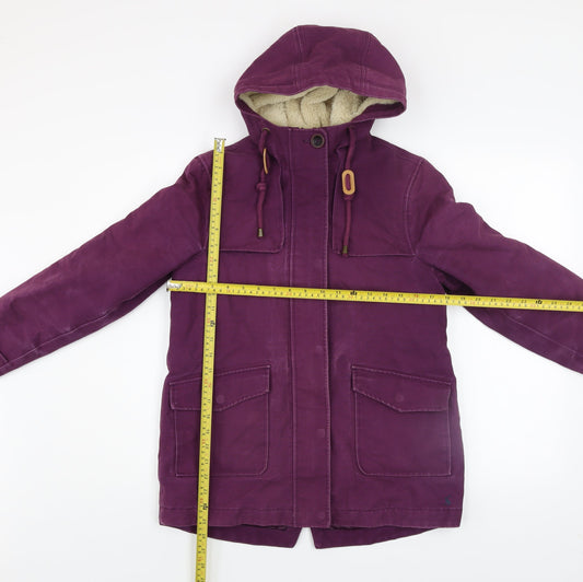 Joules Women's Purple Hooded Parka Coat Size 8 Waterproof Cotton