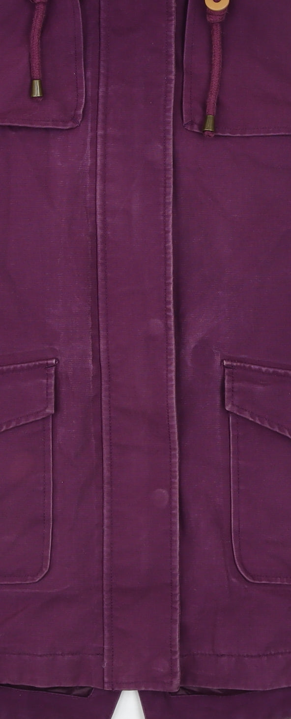 Joules Women's Purple Hooded Parka Coat Size 8 Waterproof Cotton