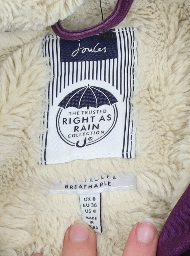 Joules Women's Purple Hooded Parka Coat Size 8 Waterproof Cotton