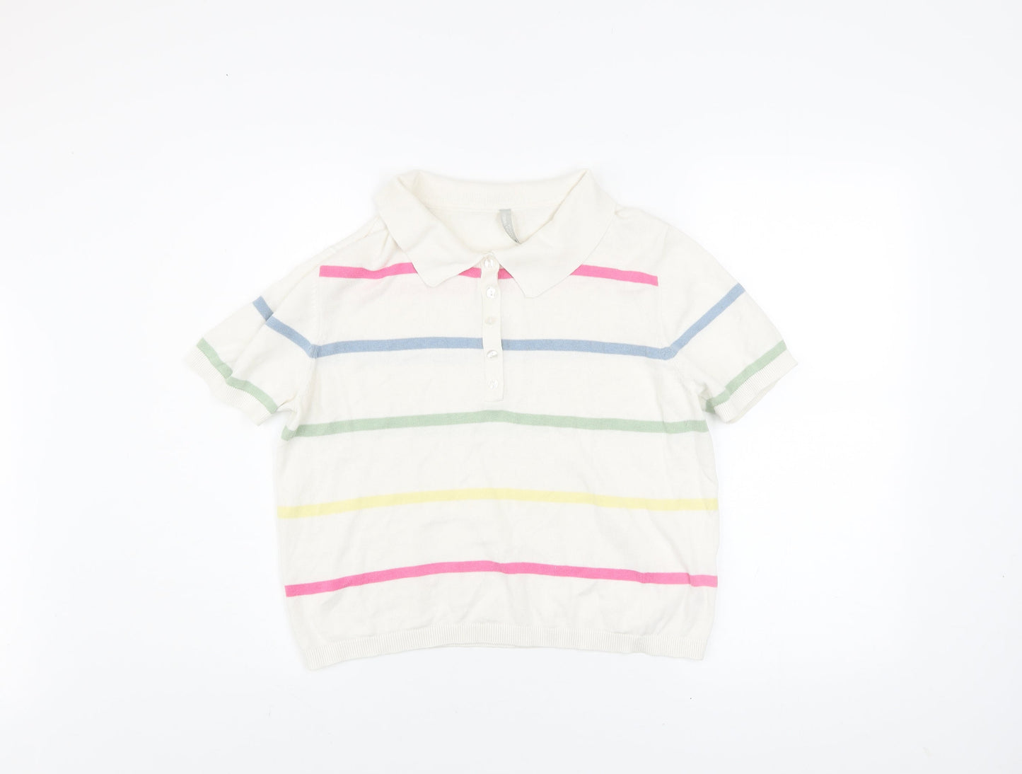 Laura Torelli Women’s White Striped Polo Short Sleeve Knit Top M