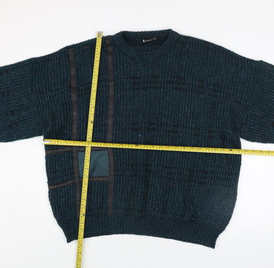 Marks and Spencer Men's Blue XL Leather Trim Wool Blend Chunky Knit Jumper