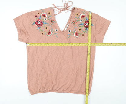 Tu Women Pink Embroidered Floral Cotton Tunic Blouse Size 12
