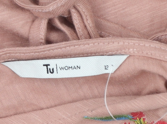 Tu Women Pink Embroidered Floral Cotton Tunic Blouse Size 12