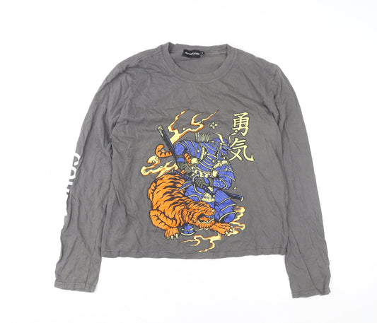 PrettyLittleThing Women's Grey Samurai Print Long Sleeve T-Shirt Size S