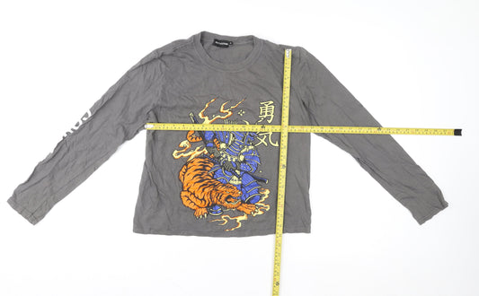 PrettyLittleThing Women's Grey Samurai Print Long Sleeve T-Shirt Size S