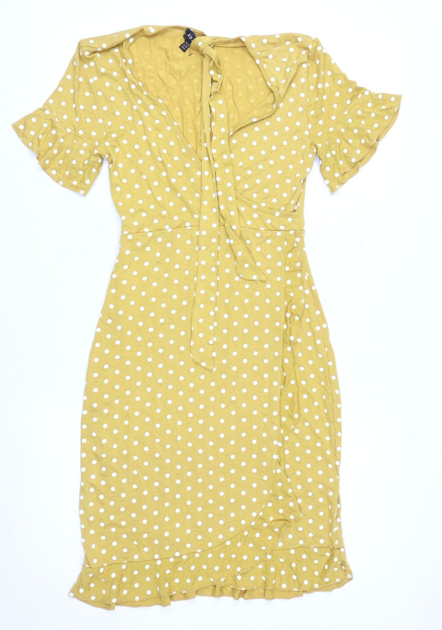 QED London Women Yellow Polka Dot Wrap Midi Dress Size 10