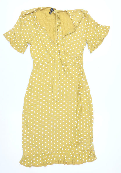 QED London Women Yellow Polka Dot Wrap Midi Dress Size 10