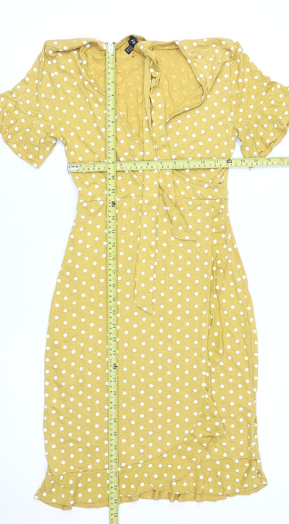 QED London Women Yellow Polka Dot Wrap Midi Dress Size 10