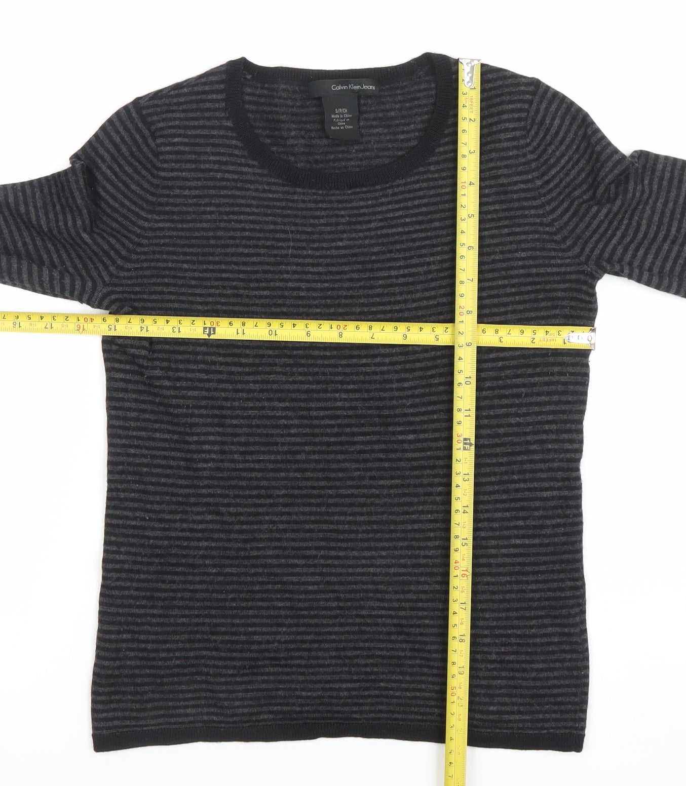 Calvin Klein Jeans Women's Grey Striped Wool Pullover Jumper Size S