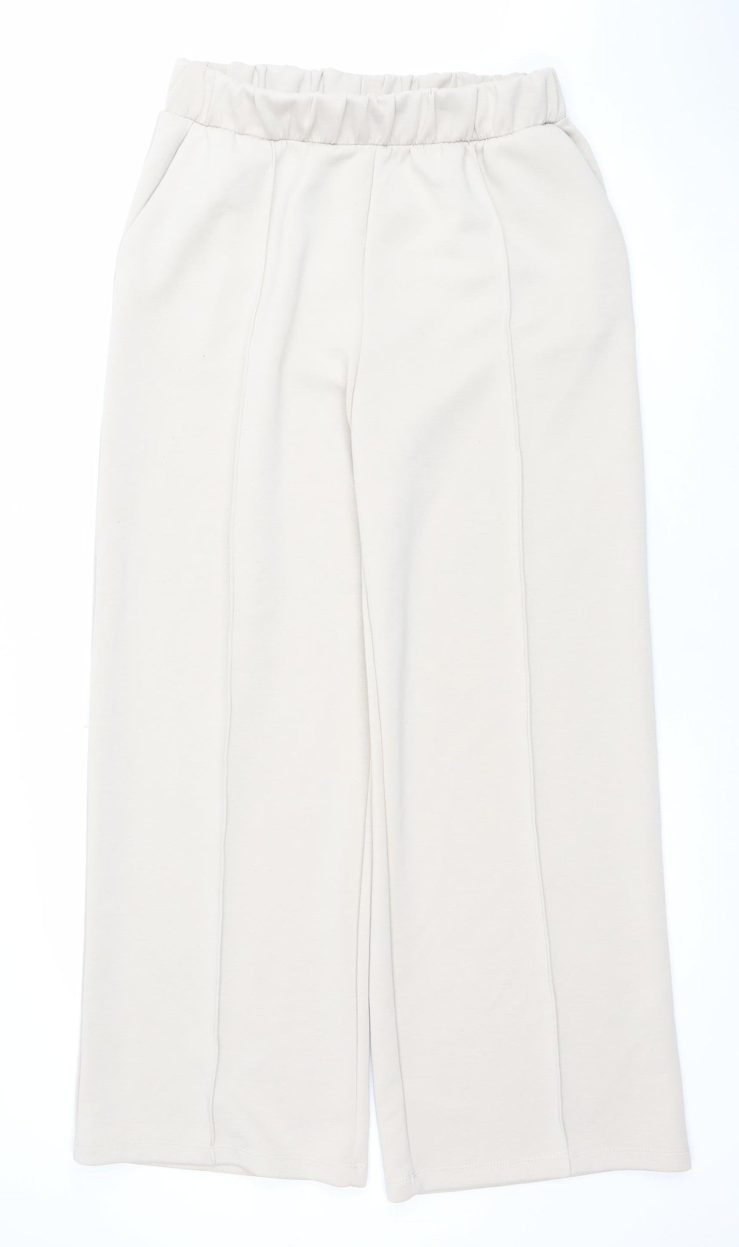 Dunnes Stores Women Beige Wide-Leg Trousers Size M Elastic Waist