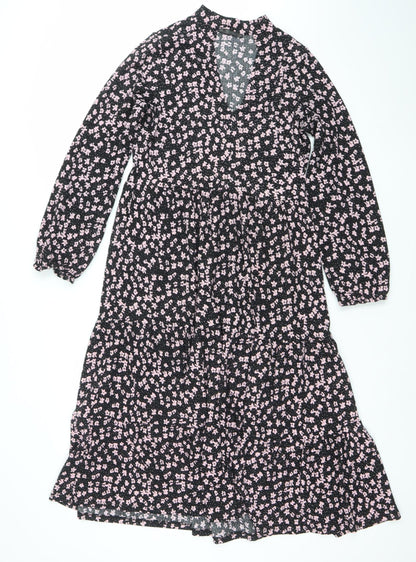 Dunnes Women’s Black Floral A-Line Ruched Knee Length Dress XS