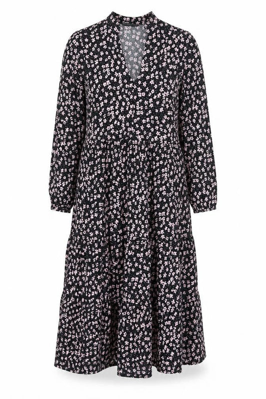Front view of Dunnes Women’s Black Floral A-Line Ruched Knee Length Dress XS