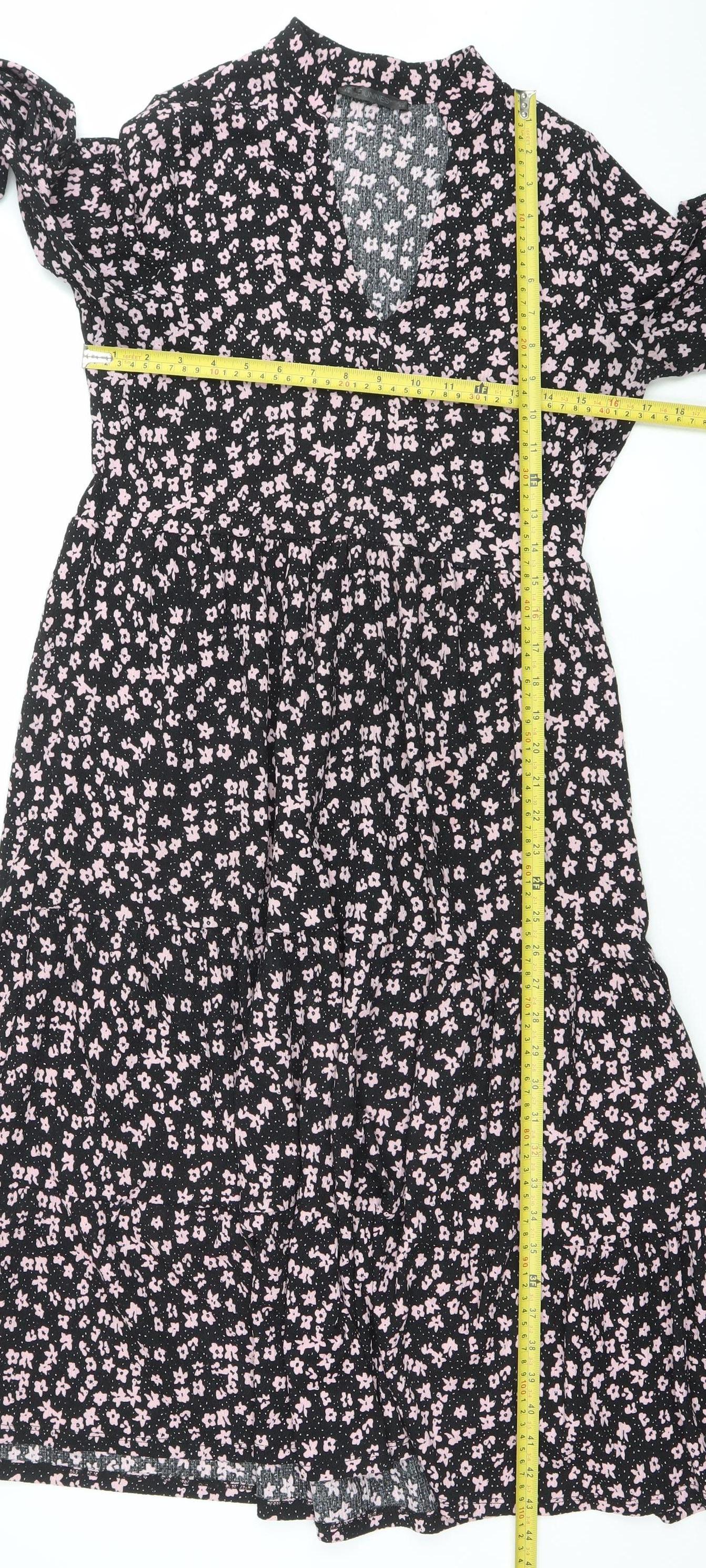 Dunnes Women’s Black Floral A-Line Ruched Knee Length Dress XS
