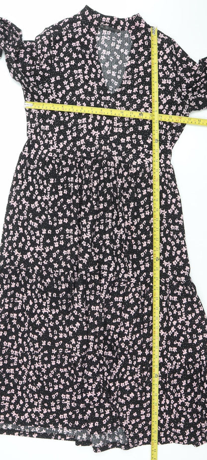 Dunnes Women’s Black Floral A-Line Ruched Knee Length Dress XS