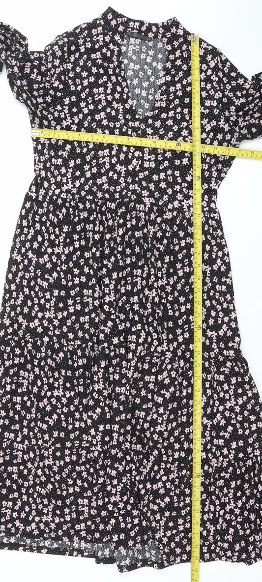 Dunnes Women’s Black Floral A-Line Ruched Knee Length Dress XS