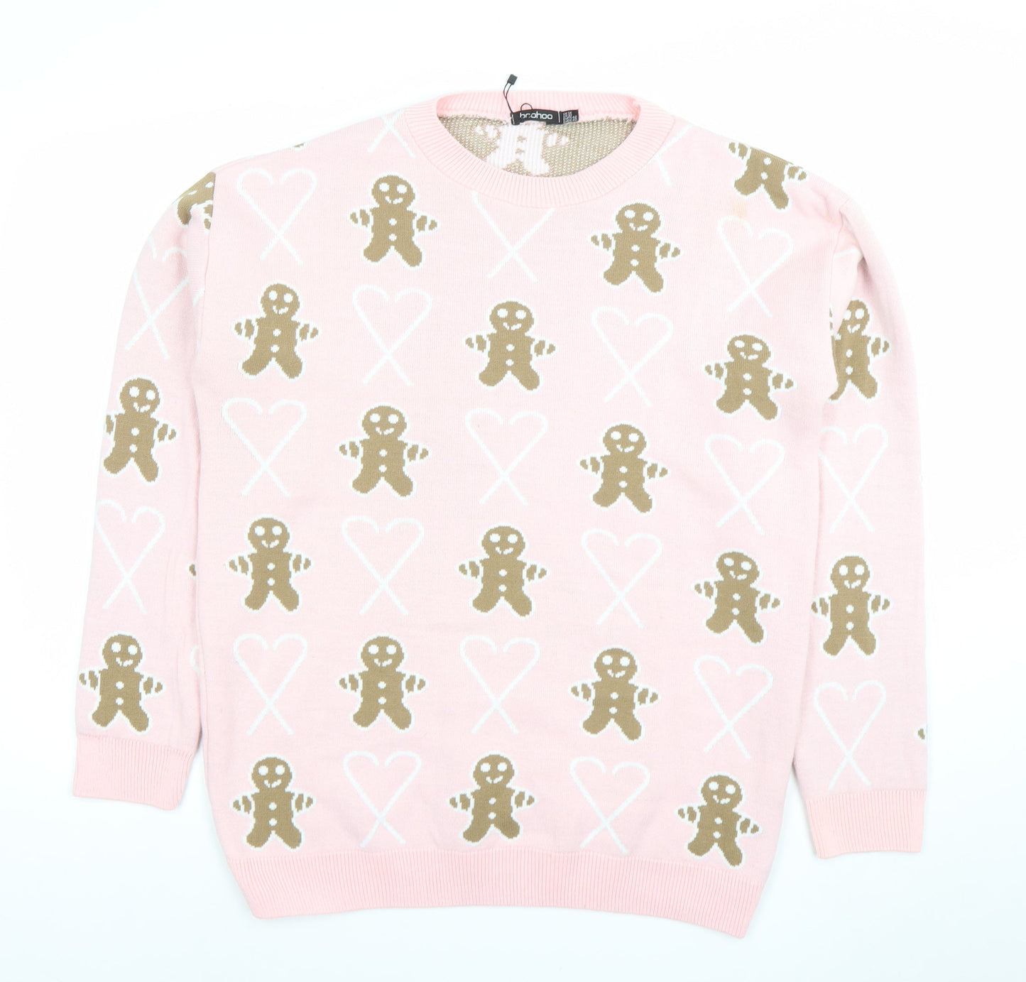 Boohoo Women Pink Gingerbread Crew Neck Jumper UK 14 Christmas Knit
