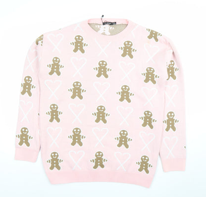 Boohoo Women Pink Gingerbread Crew Neck Jumper UK 14 Christmas Knit