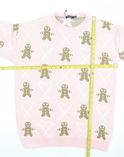 Boohoo Women Pink Gingerbread Crew Neck Jumper UK 14 Christmas Knit