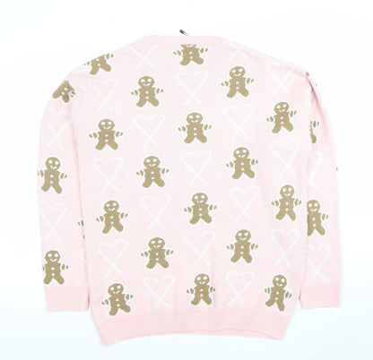 Boohoo Women Pink Gingerbread Crew Neck Jumper UK 14 Christmas Knit