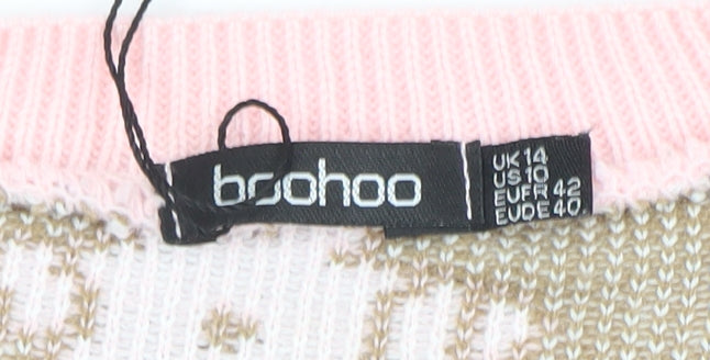 Boohoo Women Pink Gingerbread Crew Neck Jumper UK 14 Christmas Knit