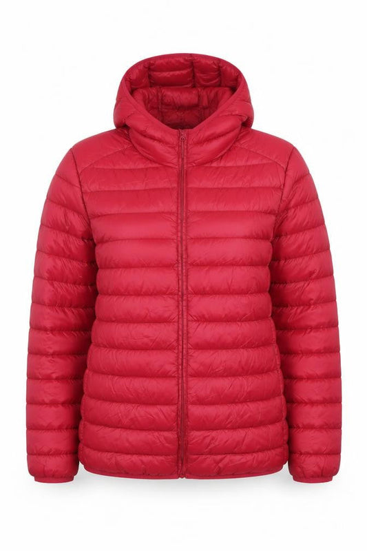 Front view of Dunnes women’s red hooded puffer jacket l shower resistant