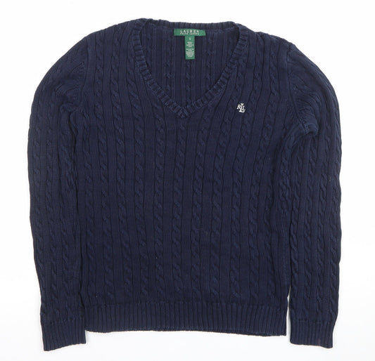 Ralph Lauren Men’s Blue Cable-Knit Cotton V-Neck Jumper Size S