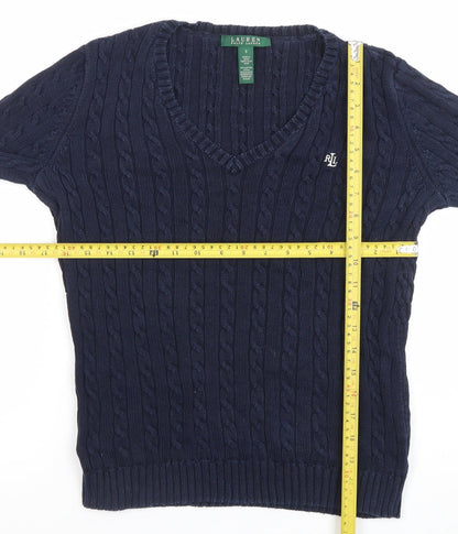 Ralph Lauren Men’s Blue Cable-Knit Cotton V-Neck Jumper Size S