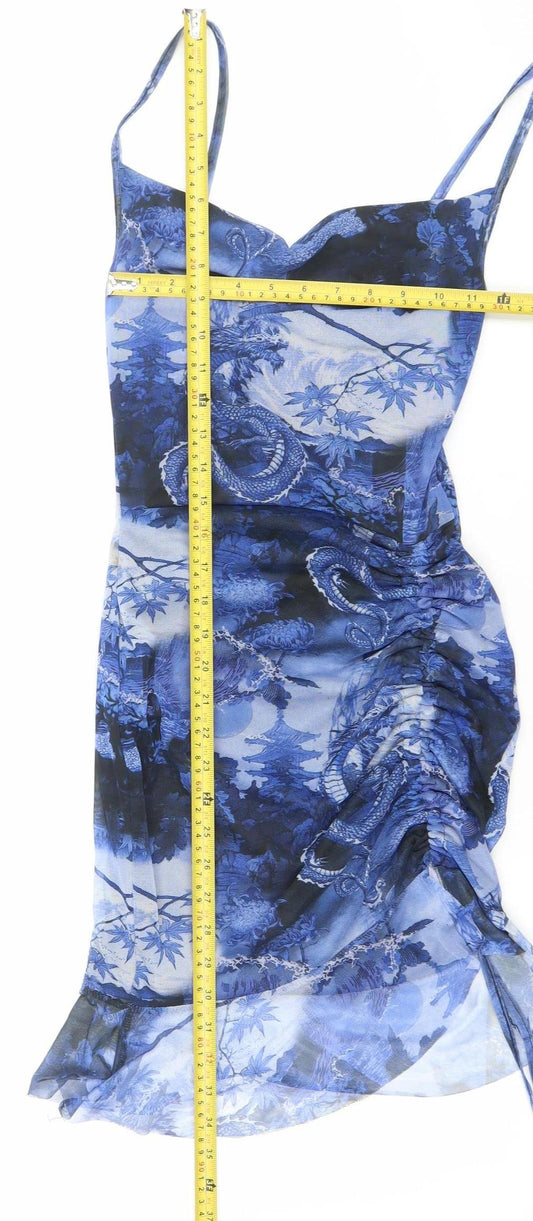 PrettyLittleThing Women’s Blue Dragon Mesh Ruched Slip Dress Size 8