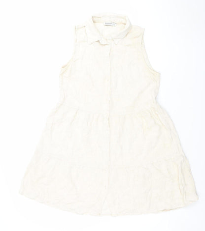 Stradivarius Women Ivory Sleeveless Shirt Dress S Lightweight Linen