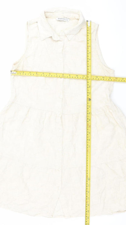 Stradivarius Women Ivory Sleeveless Shirt Dress S Lightweight Linen