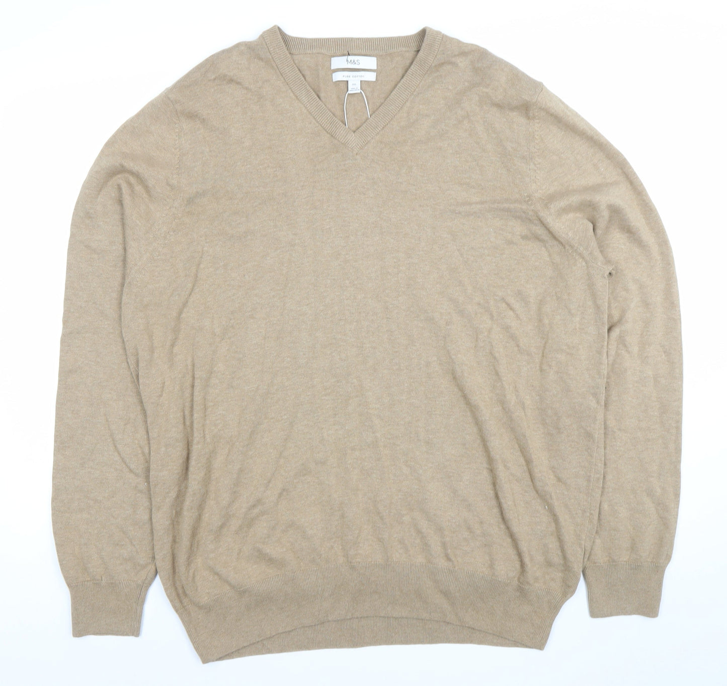 Marks and Spencer Men’s Beige Cotton V-Neck Jumper 2XL