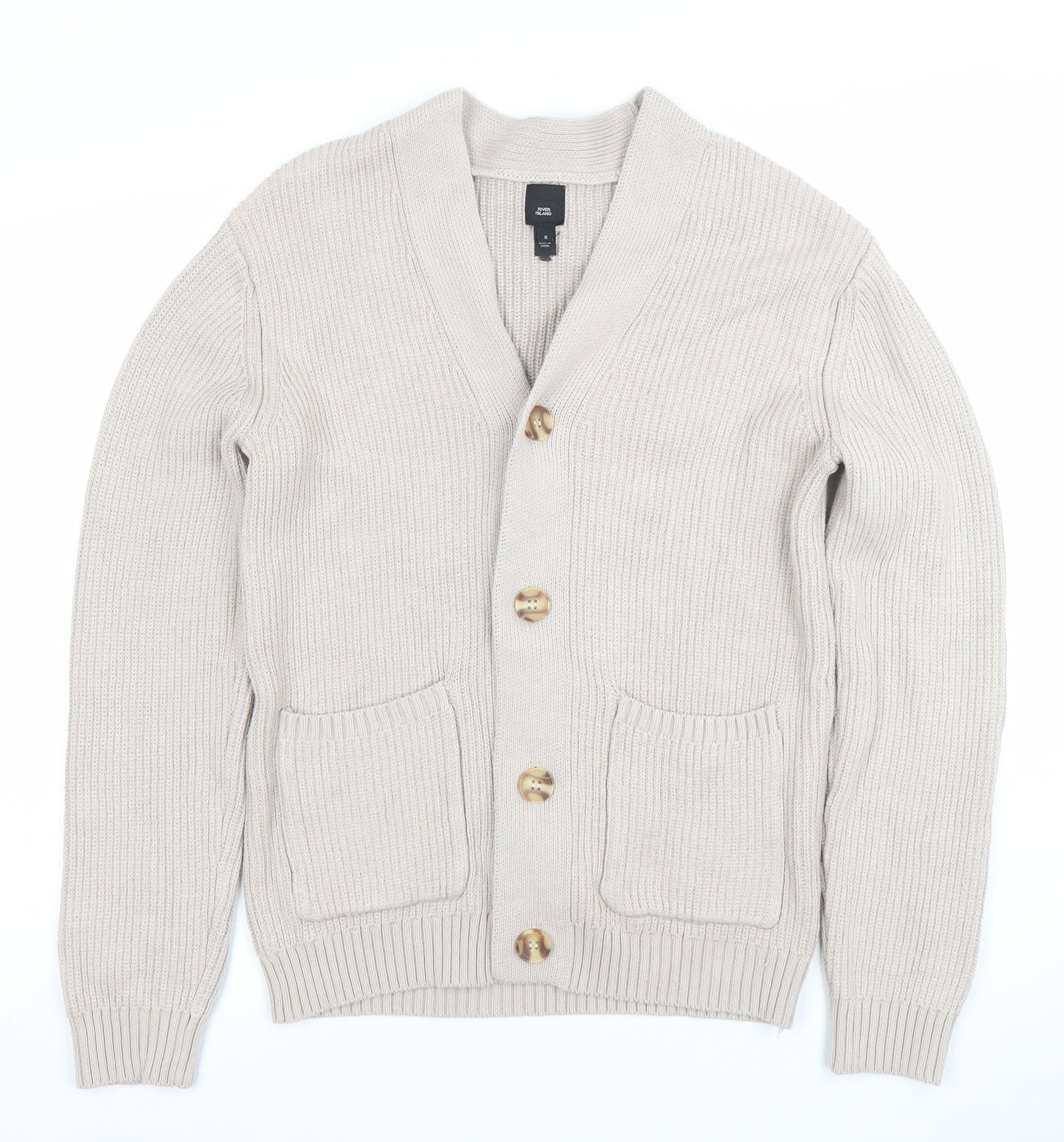 River Island Men's Beige Cotton Knit Cardigan Jumper Size S