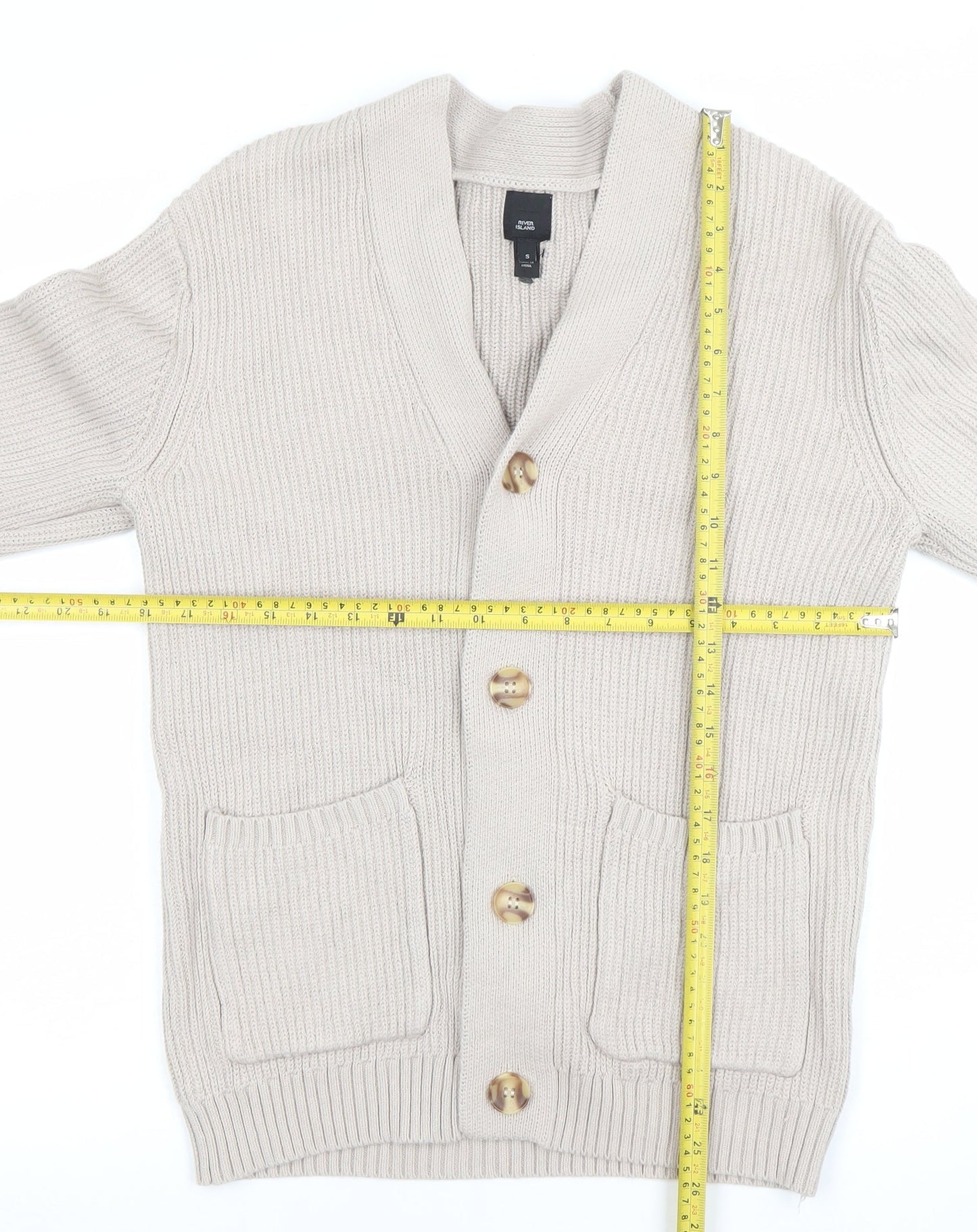 River Island Men's Beige Cotton Knit Cardigan Jumper Size S