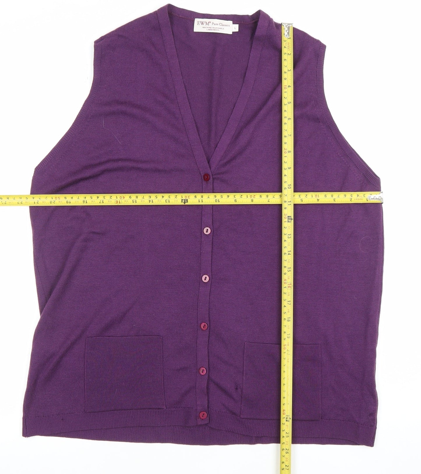 EWM Women Purple Lambswool Sleeveless V-Neck Button Vest Size L