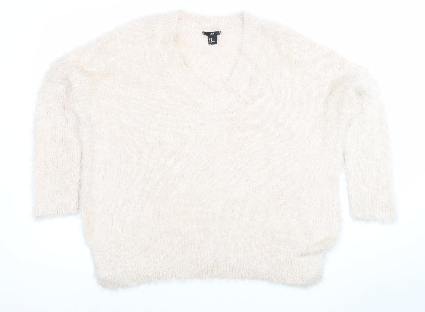 H&M Women Ivory Fluffy V-Neck Relaxed Fit Jumper Size 12