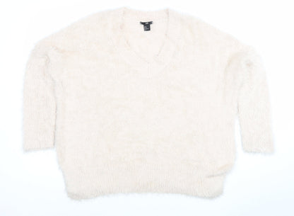 H&M Women Ivory Fluffy V-Neck Relaxed Fit Jumper Size 12