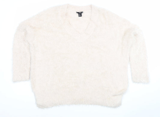 H&M Women Ivory Fluffy V-Neck Relaxed Fit Jumper Size 12