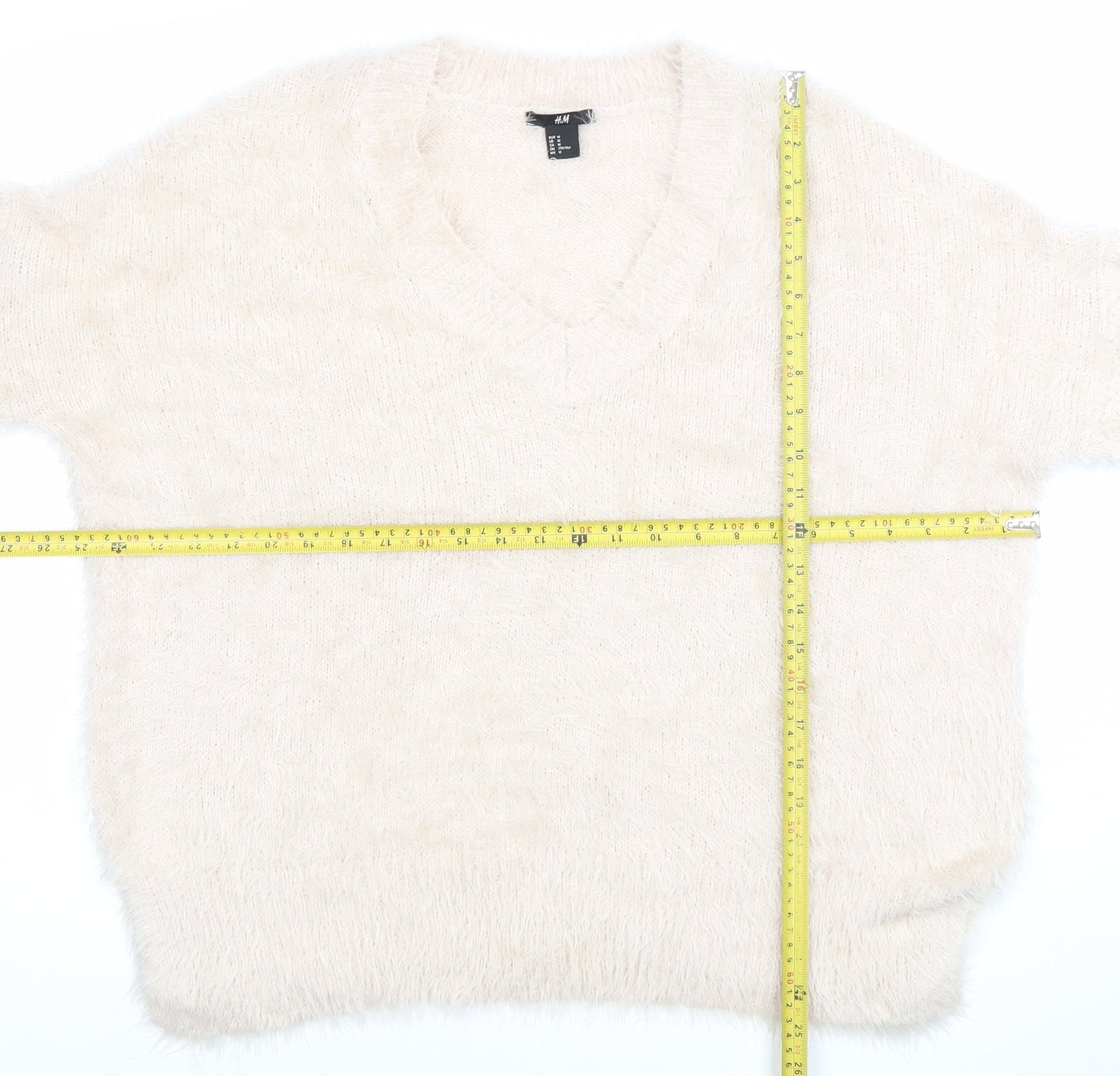 H&M Women Ivory Fluffy V-Neck Relaxed Fit Jumper Size 12