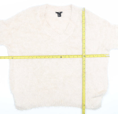 H&M Women Ivory Fluffy V-Neck Relaxed Fit Jumper Size 12