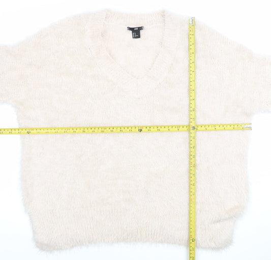 H&M Women Ivory Fluffy V-Neck Relaxed Fit Jumper Size 12