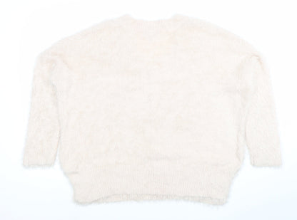 H&M Women Ivory Fluffy V-Neck Relaxed Fit Jumper Size 12